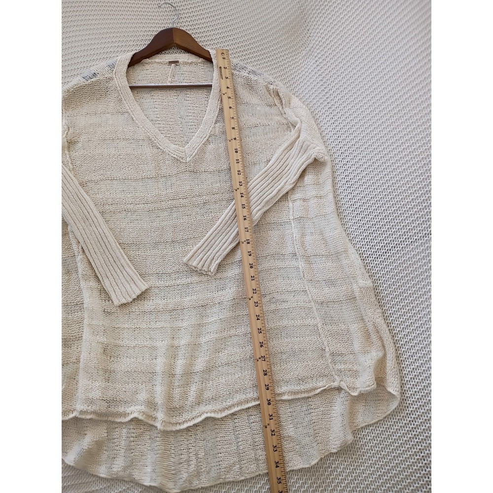 Free People Oversized Boho Open Knit Tunic Sweater Cream Striped V-Neck S/M - Picture 7 of 12